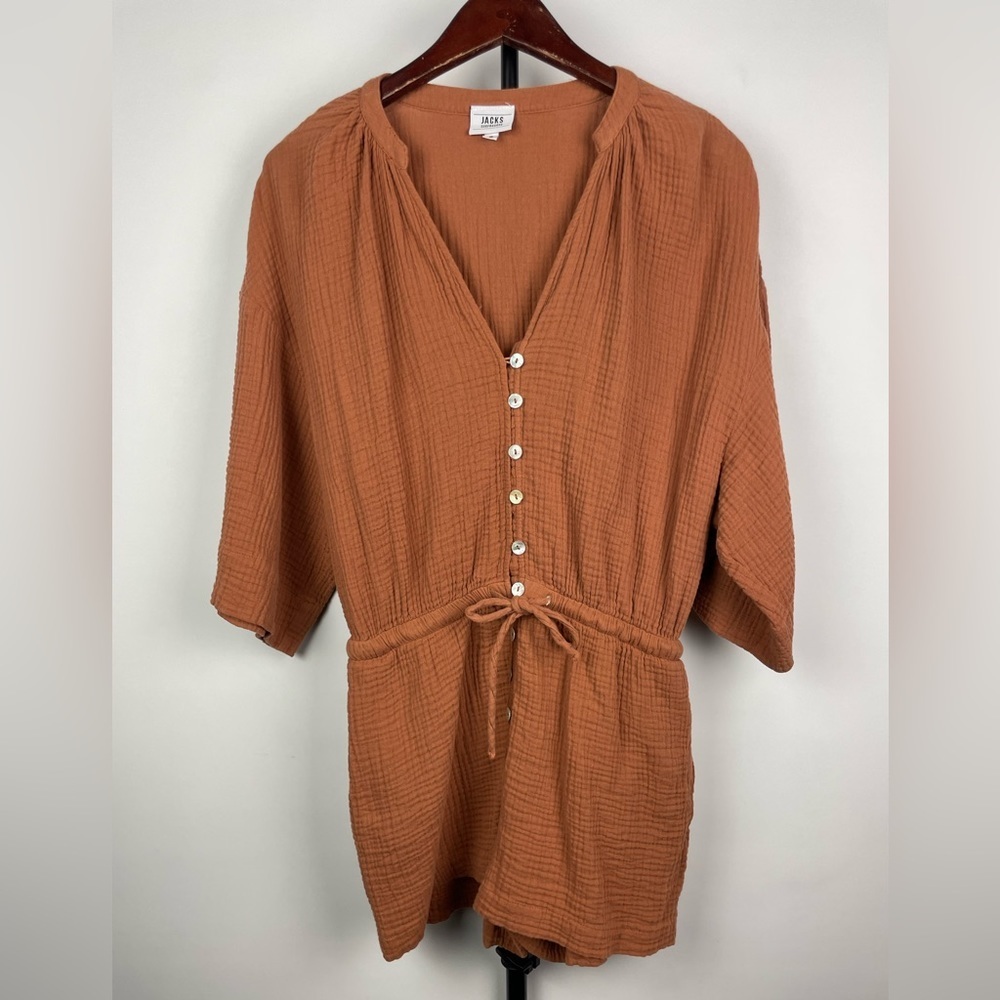 Jacks Surfboards Orange Brown Cotton Gauze Short Sleeve Romper‎